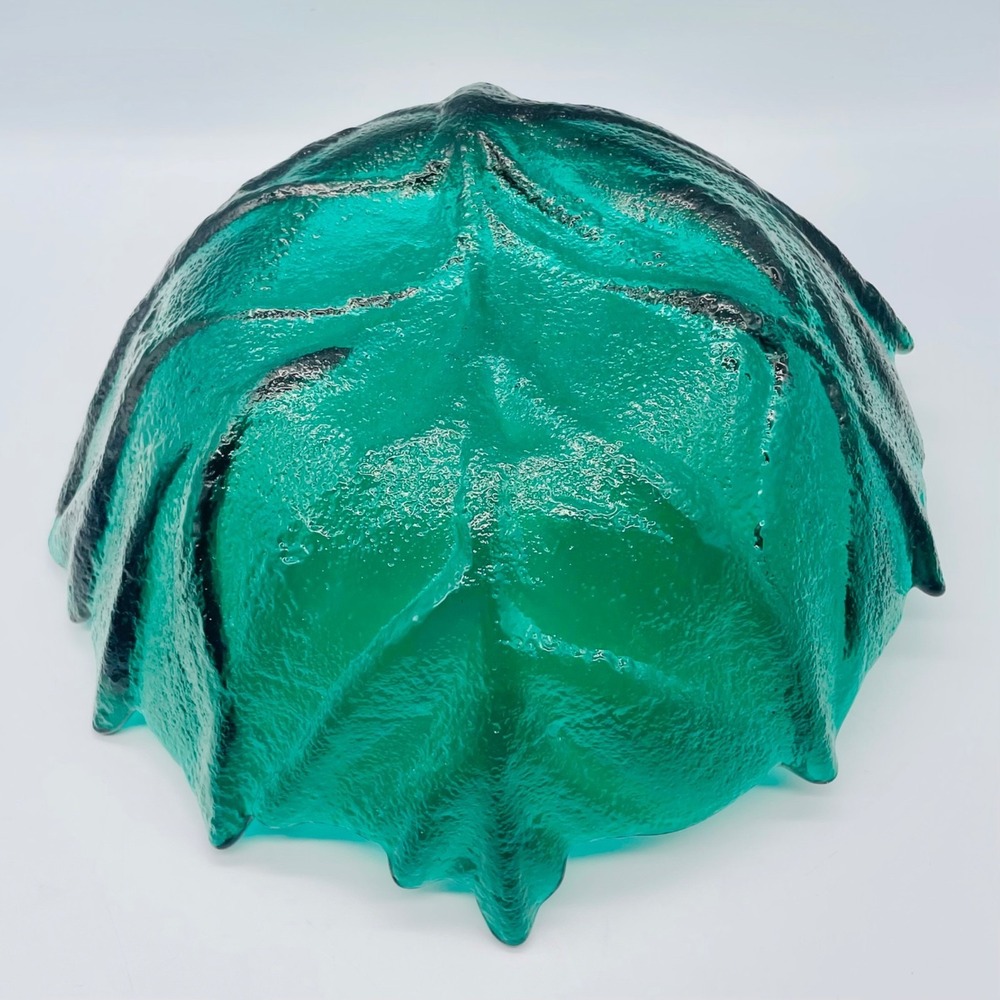 Blenko Art Glass Leaf Bowl Teal Green Textured Mid Century Modern 13" x 11" - Picture 6 of 6